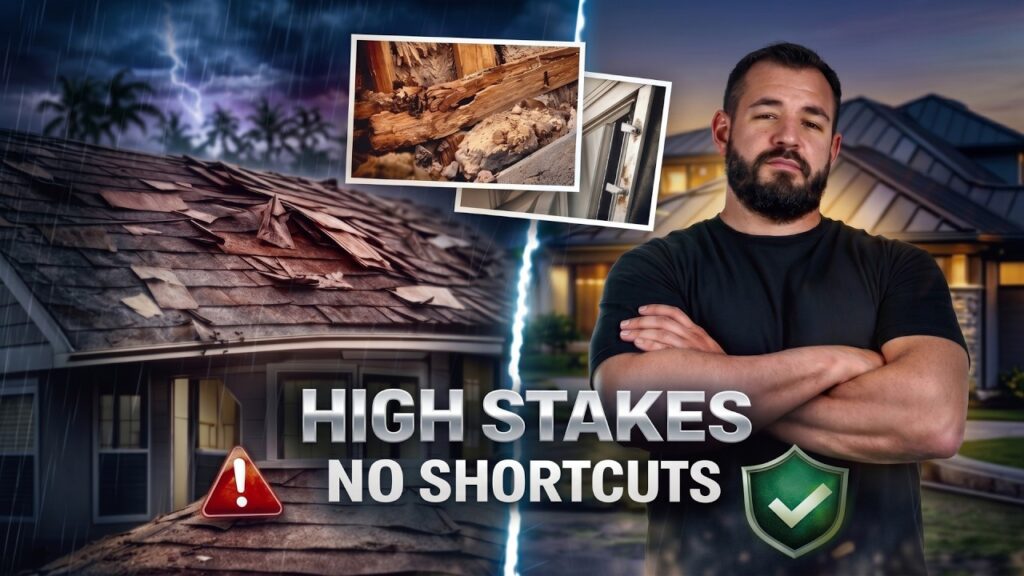 Contractor with folded arms between a storm-damaged roof on the left and a modern house on the right, overlaid with 'High Stakes No Shortcuts'.