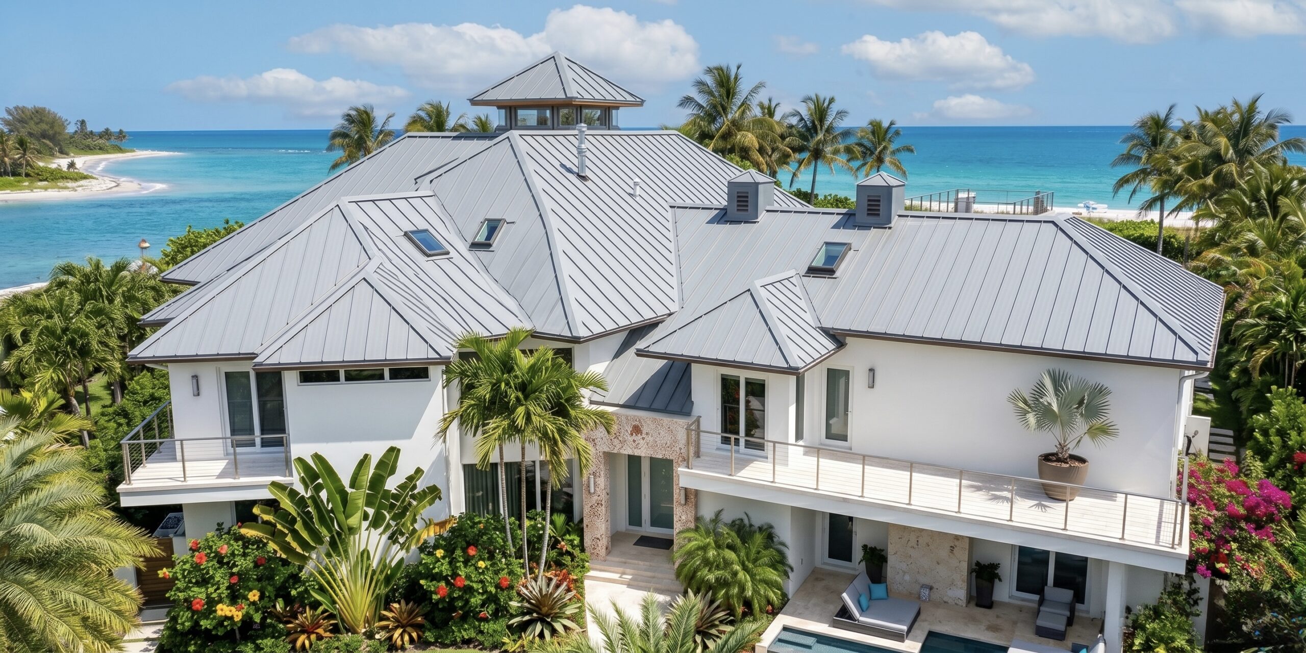 Aerial view of coastal South Florida villa with metal roof and pool, showcasing completed roofing work by Bigfoot Windows & Roofing
