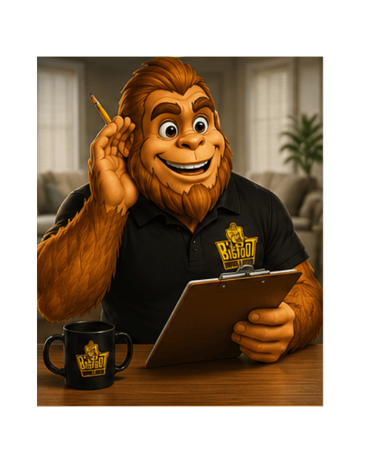 Smiling Bigfoot mascot in a black polo, holding a clipboard with a pencil behind his ear.