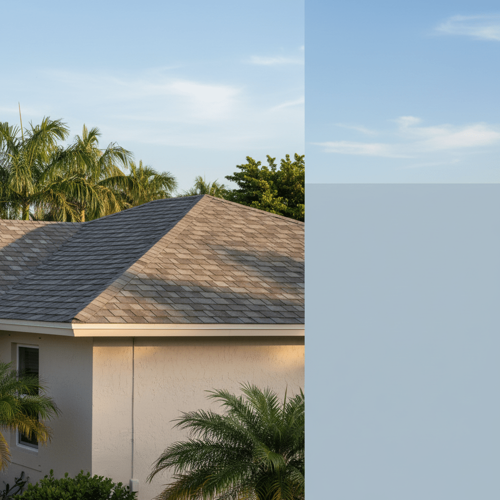 Residential house roof with brown shingles and palm trees in the background under a clear blue sky50