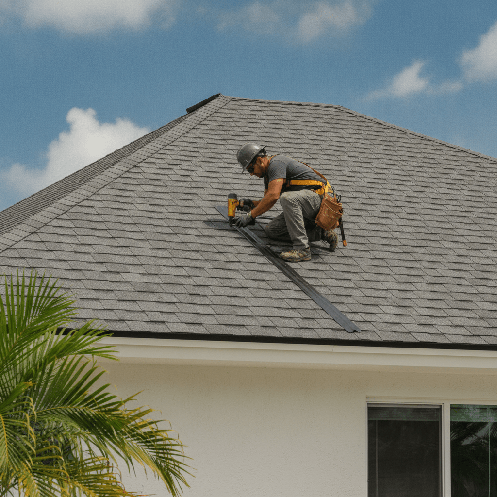 Roofer in a hard hat and safety harness kneels on a gray shingled roof, using a cordless drill on metal flashing pieces nearby.