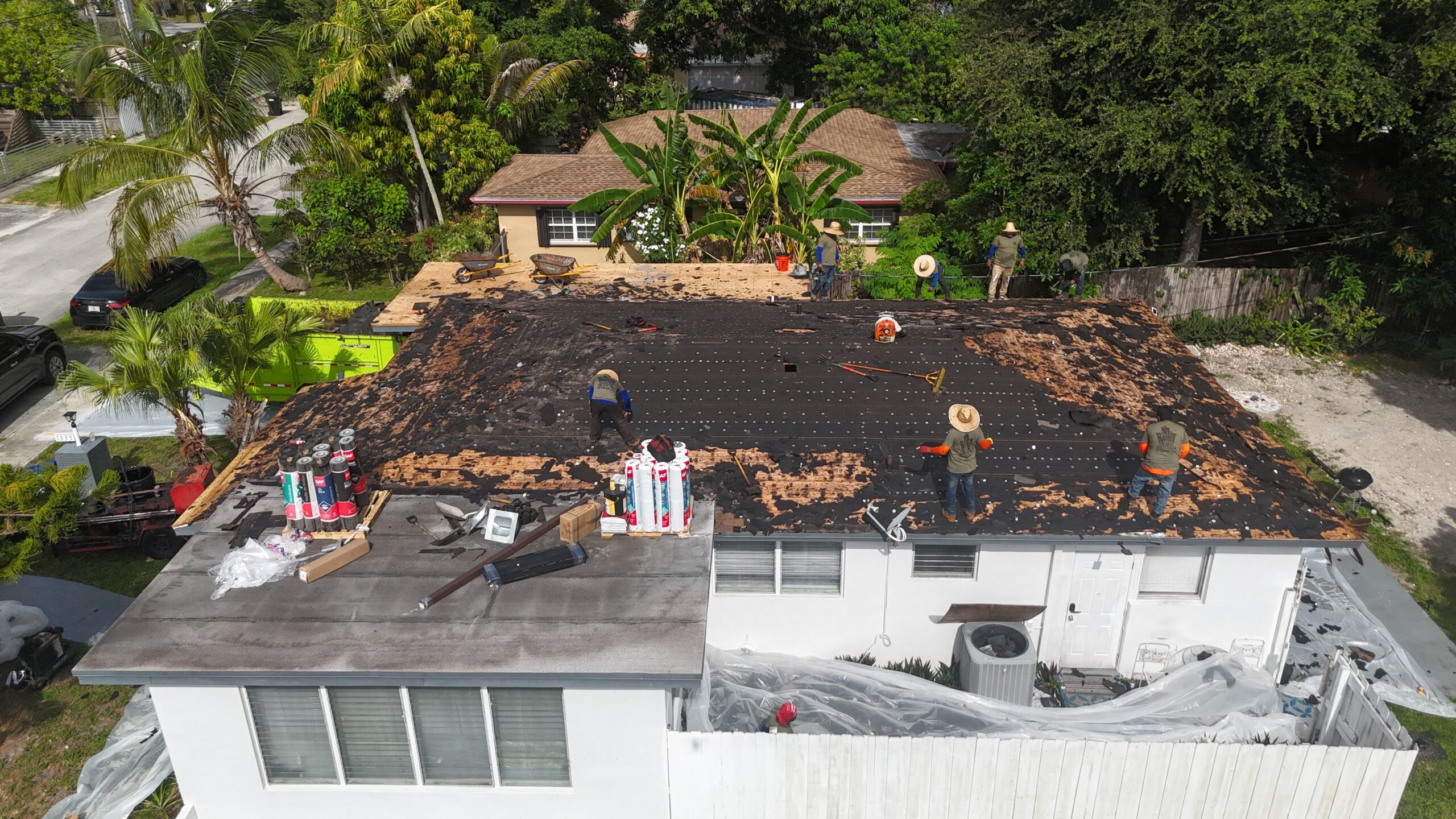 In progress aerial view 2 of the roof project in Miami, Florida