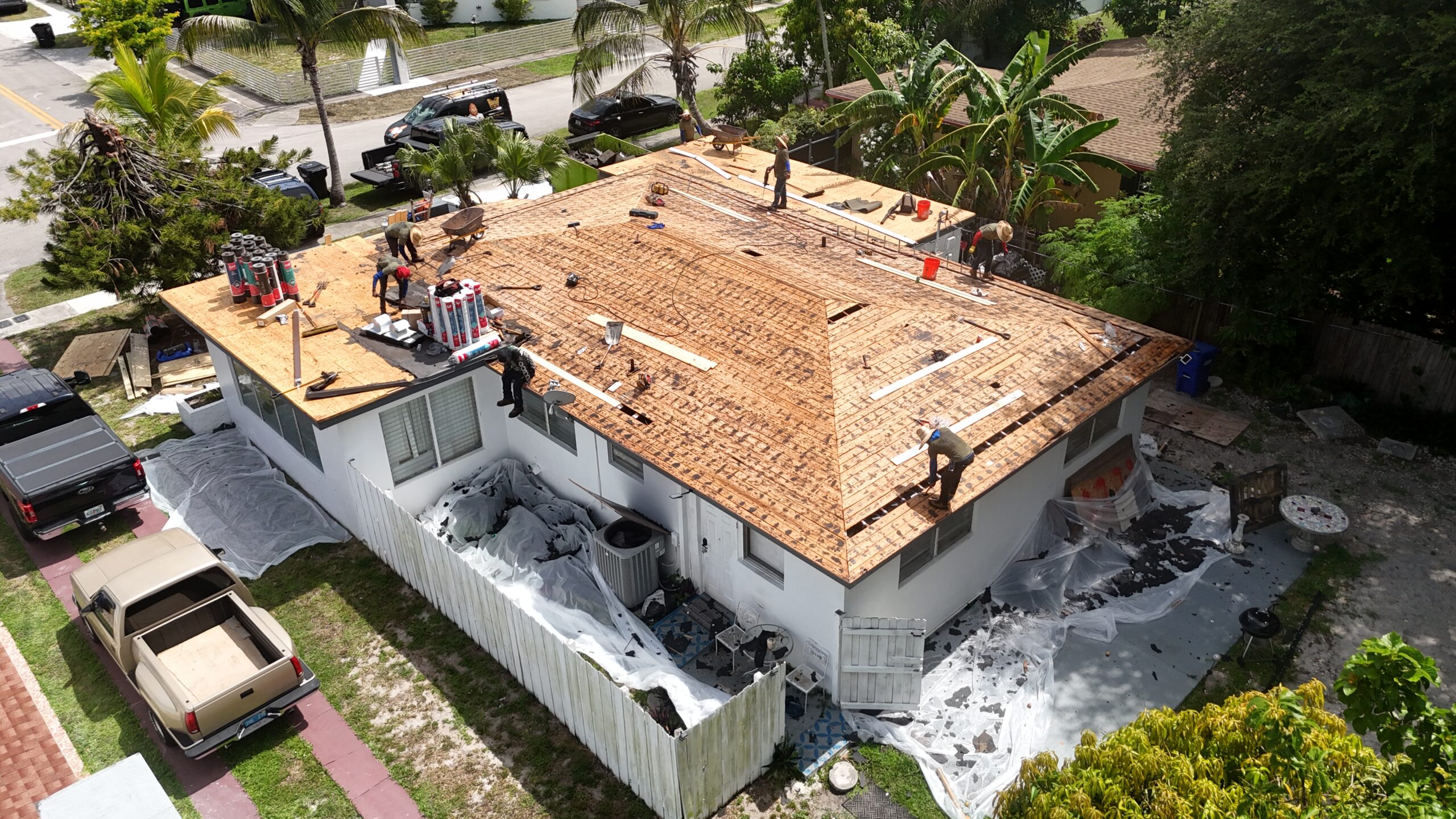 In progress aerial view 3 of the roof project in Miami, Florida