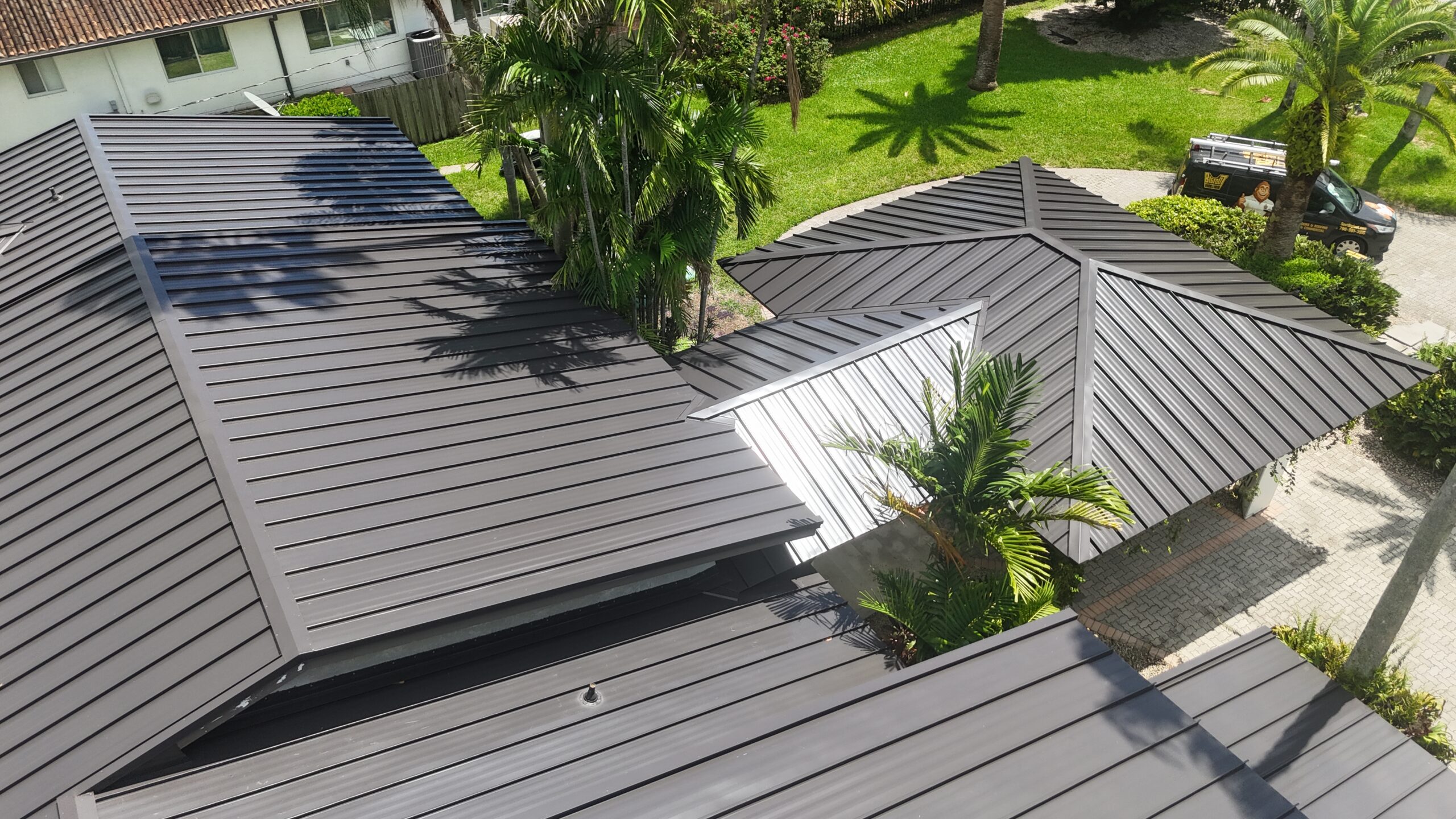 Metal roof sections and rooflines viewed from above