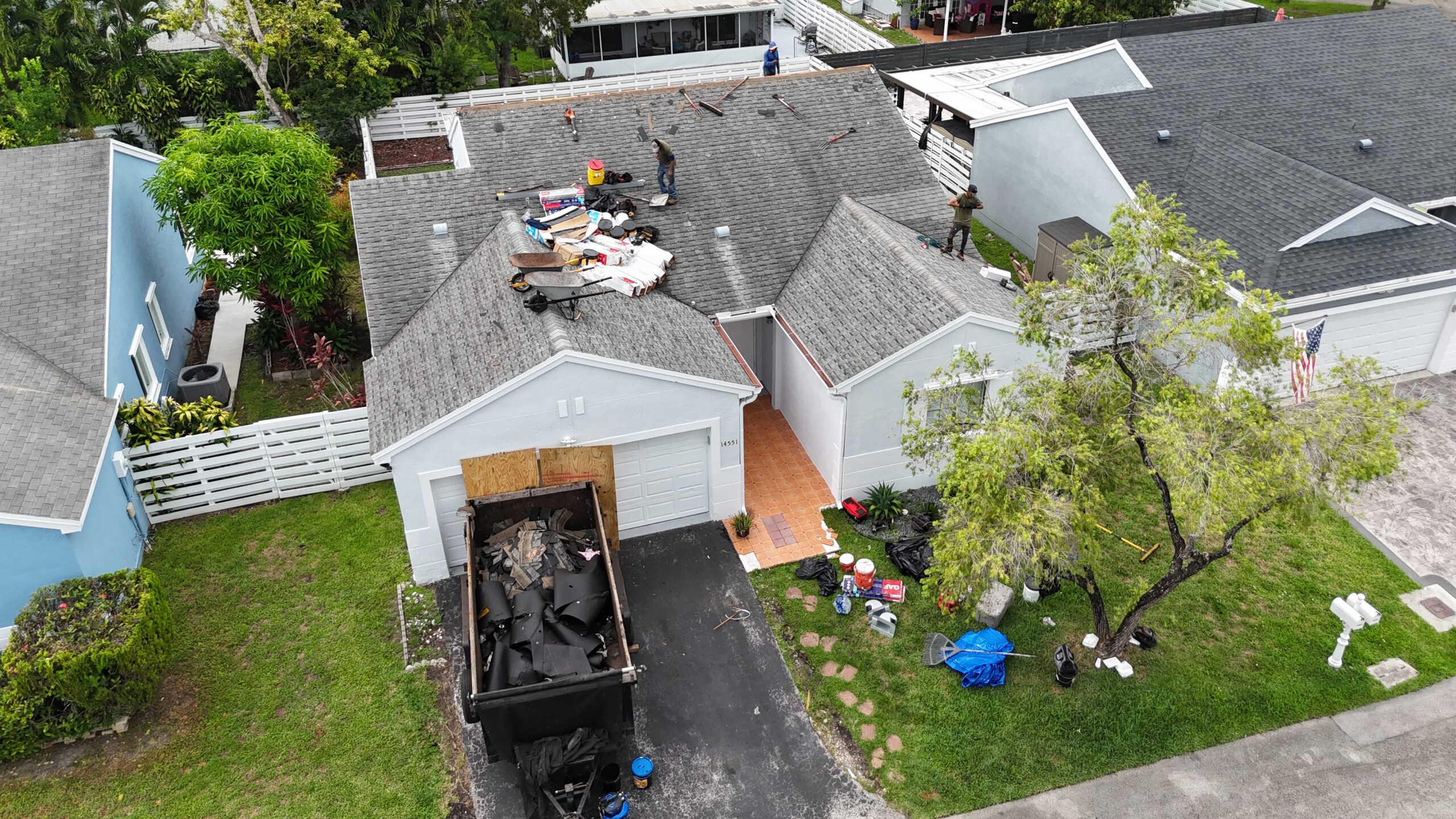 In progress drone view of Gabriela’s shingle roof project in Country Walk