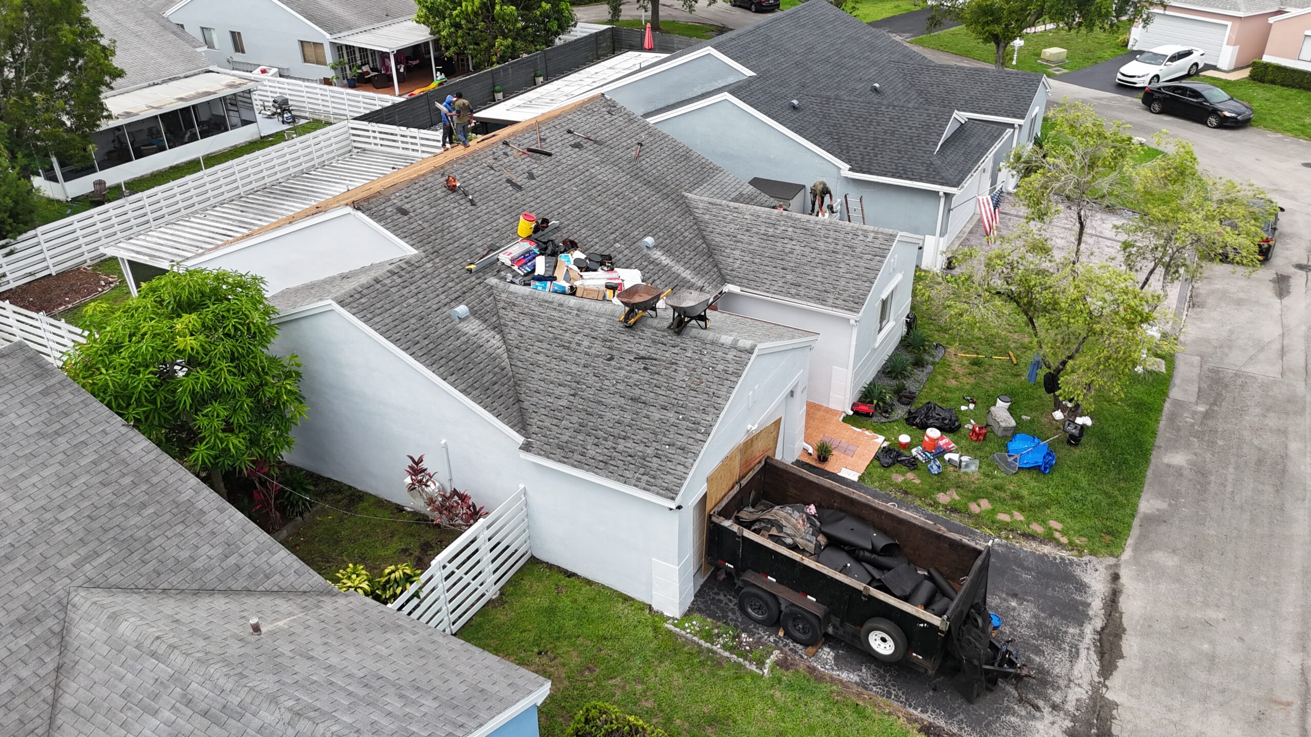 In progress drone view of Gabriela’s shingle roof project in Country Walk