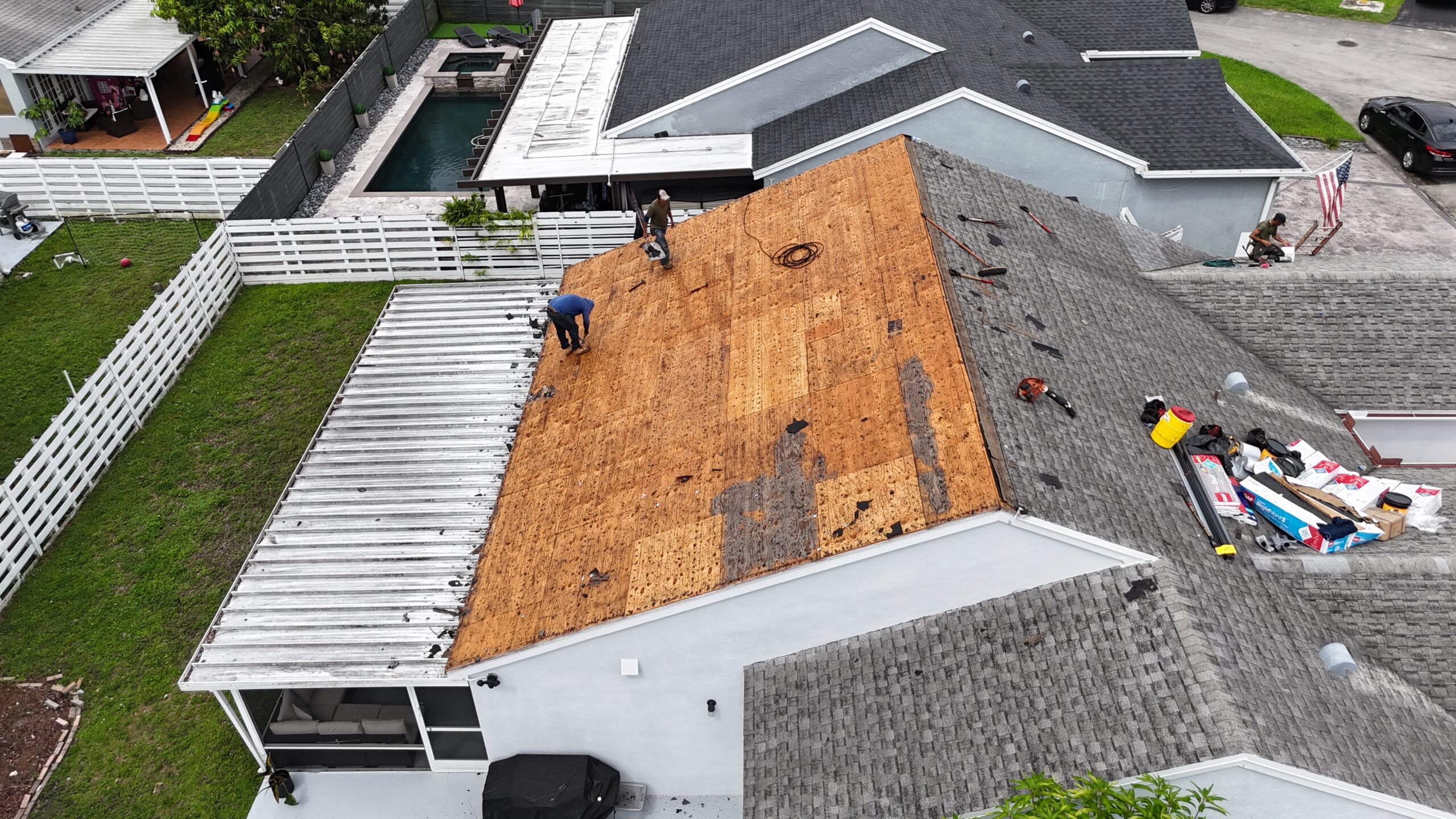 In progress drone view of Gabriela’s shingle roof project in Country Walk