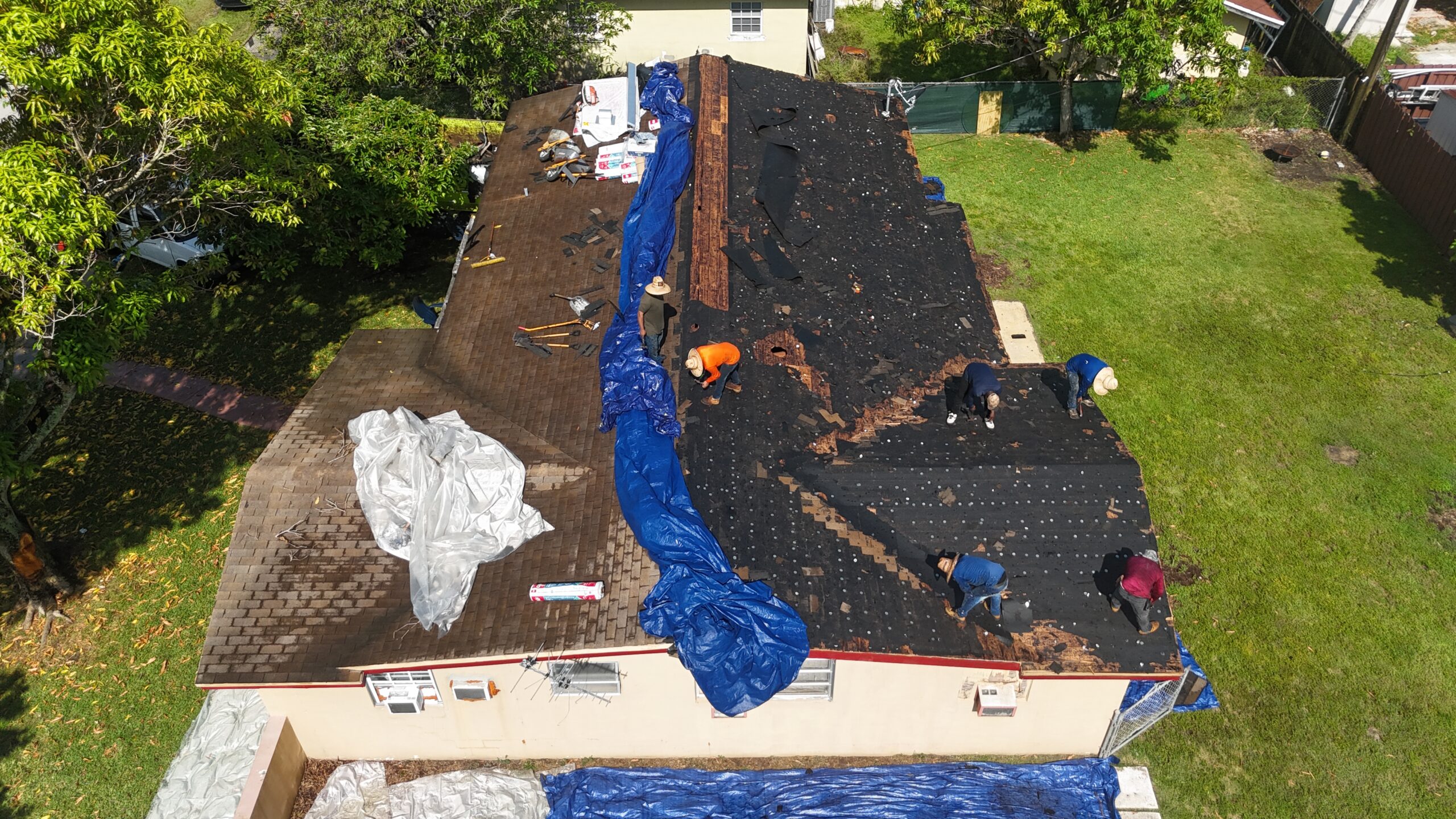 In progress aerial view 2 of the shingle roofing project in Cutler Bay, Florida